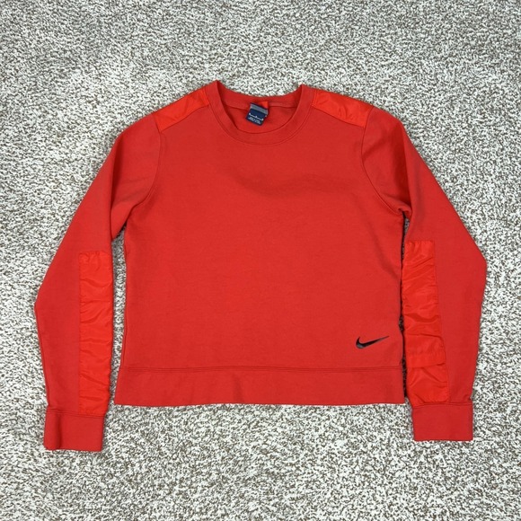 Nike Tops - Nike Sweatshirt Womens Medium Red Crewneck Fleece Swoosh Logo Woven Panels Sport